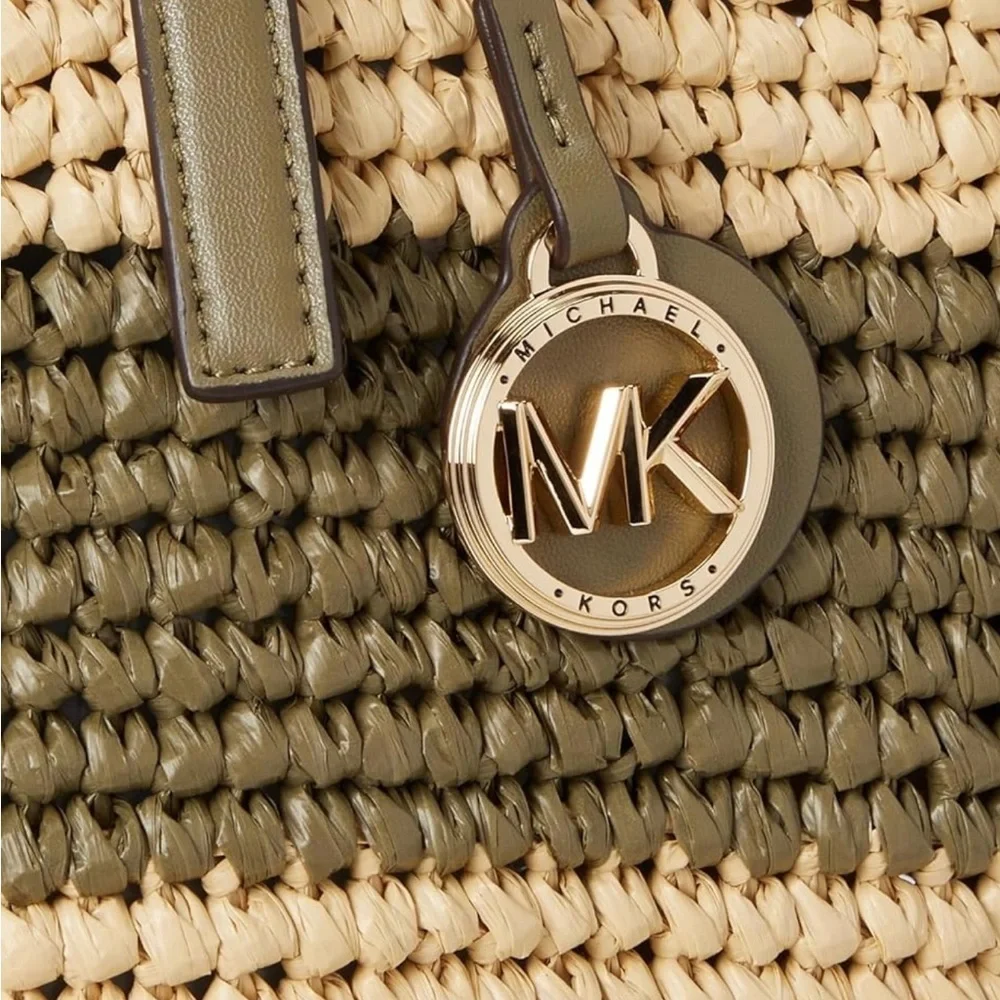 Michael Kors Quinn Straw Tote Large Green Stripe Beach Travel Bag